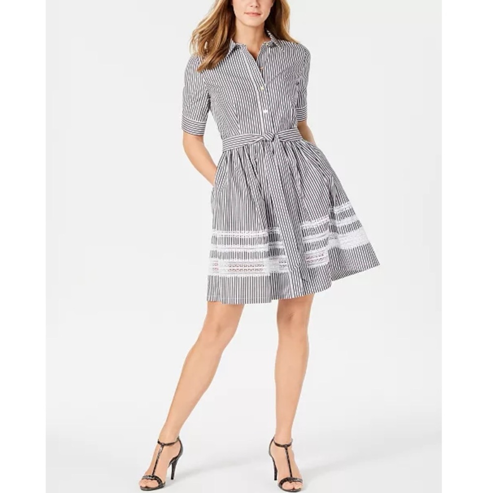 Calvin Klein White Grey Stripe Short-Sleeve Lace-Trim Belted Shirtdress Size 4
